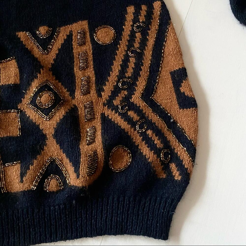 IB DIFFUSIONS Black & Brown Silk Blend Beaded Turtleneck Sweater Small - Picture 7 of 8